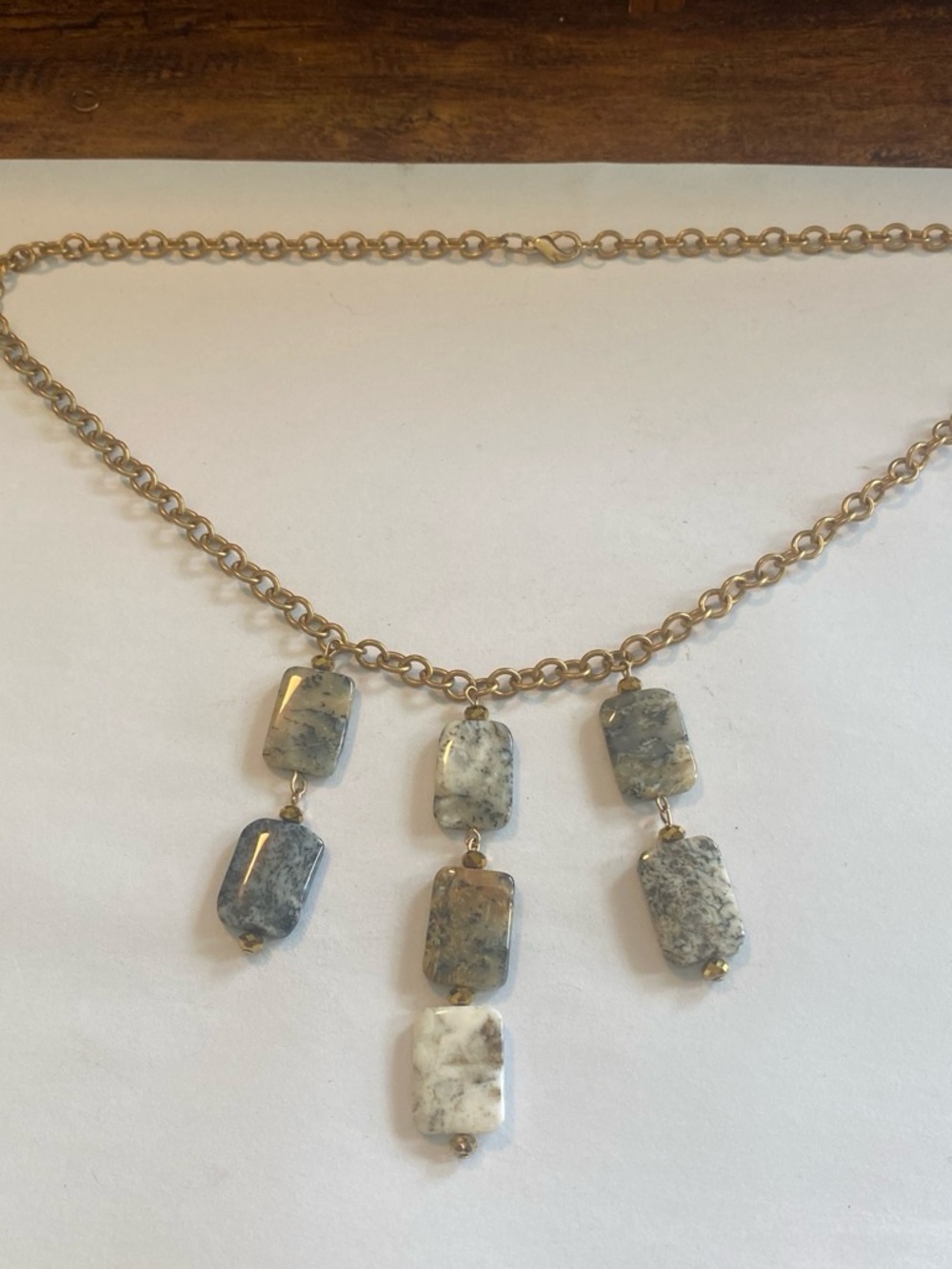 Gold-Tone Necklace with Dendritic Agate Rectangular Pendants - White Gray